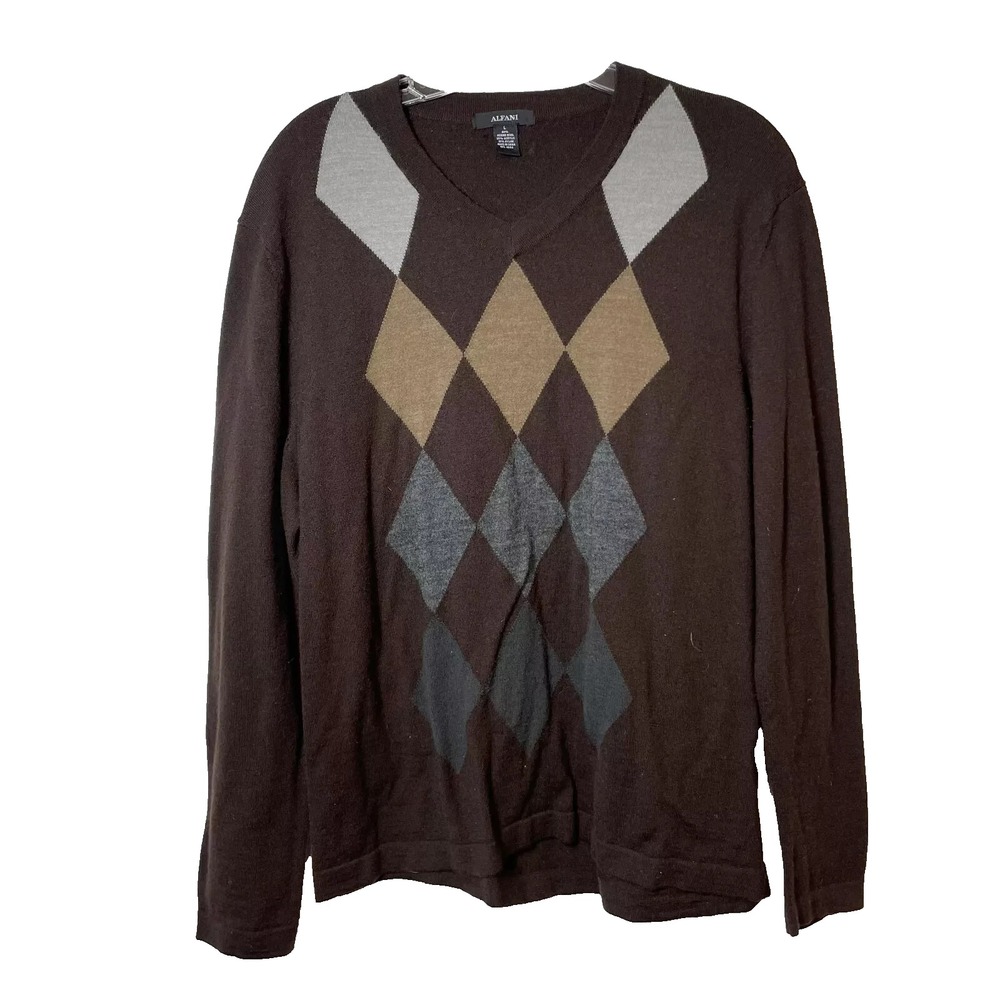 Alfani Argyle Merino Wool Blend Pullover Sweater Mens L Brown V-neck Long Sleeve